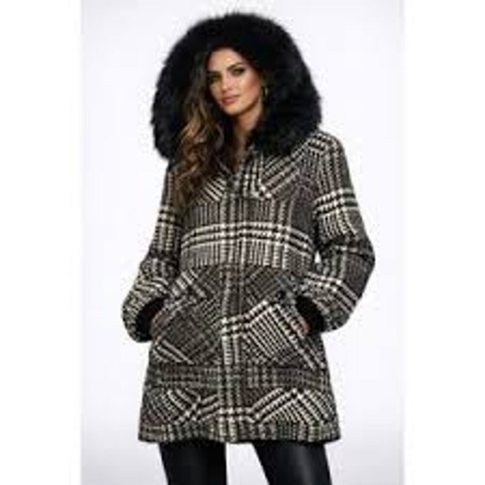 NWT $325 ABS by Allen Schwartz Wool Tweed Jacket Pea Coat Faux Fur Hoodie